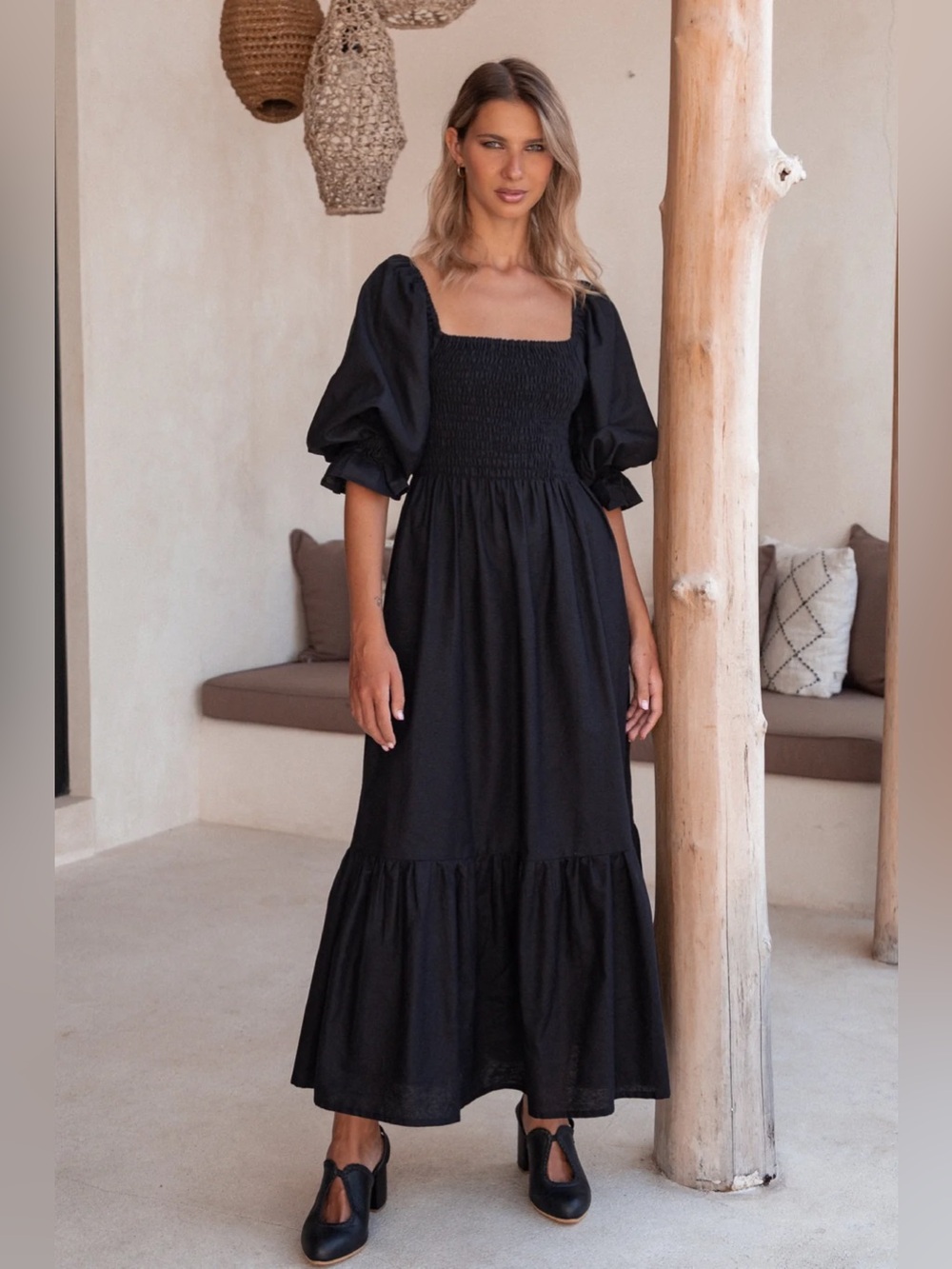 Almeria Smocked Midi Linen Dress